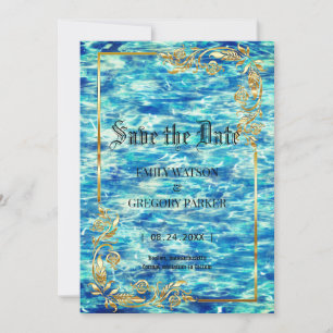 Bruiloft bij het zwembad, golden lijst save the date