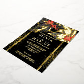 Bruiloft | Black Tropical Fern Crimson Plumeria Folie Uitnodiging (Gedraaid)