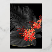 Bruiloft | Black Tropical Fern Crimson Plumeria Folie Uitnodiging (Achterkant)
