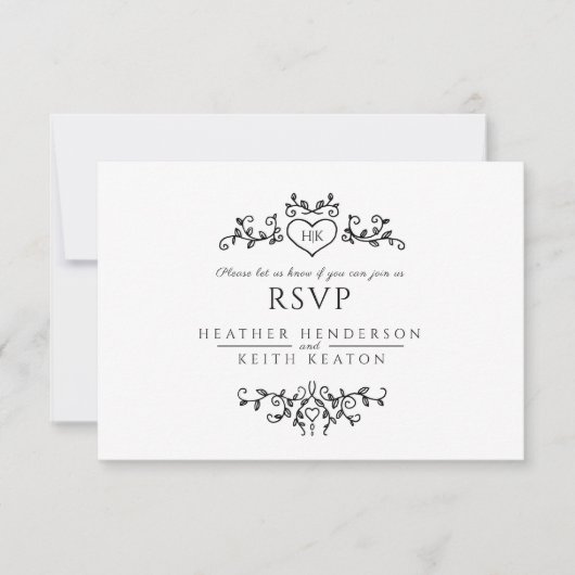 Bruiloft blad kunst monogram zwart wit maaltijd br RSVP kaartje (Voorkant)