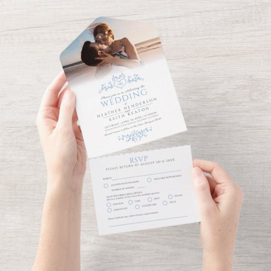 Bruiloft blad lijn art hart monogram blauw all in one uitnodiging (Afscheurbaar)