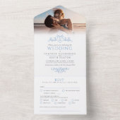 Bruiloft blad lijn art hart monogram blauw all in one uitnodiging (Binnen)