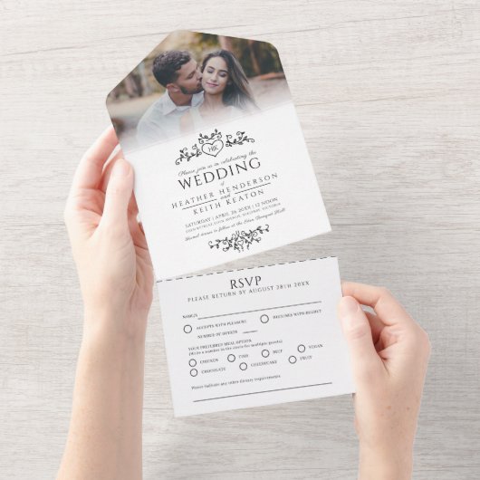 Bruiloft blad lijn art hart monogram mono all in one uitnodiging (Afscheurbaar)