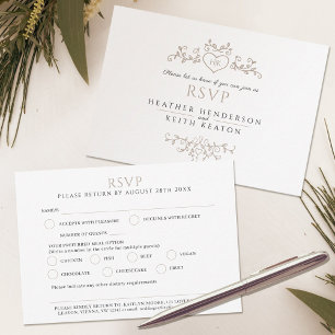 Bruiloft blad lijn art monogram beige maaltijd bru RSVP kaartje