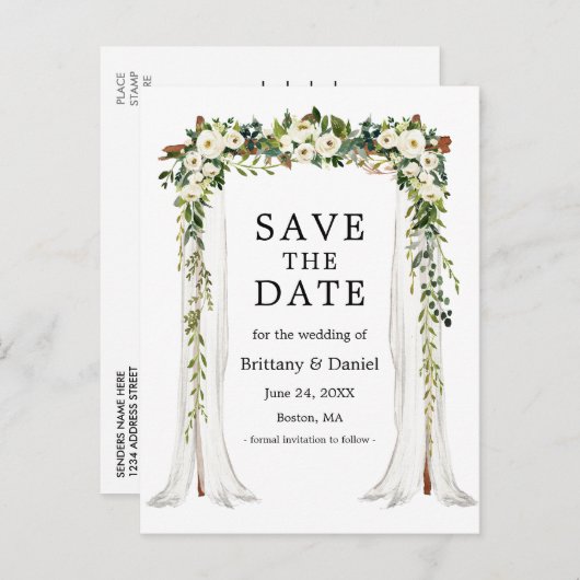 Bruiloft Bladerdak Arch Waterverf Groene Bloemen Aankondigingskaart (Voorkant / Achterkant)