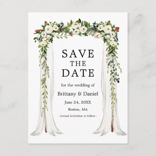 Bruiloft Bladerdak Arch Waterverf Groene Bloemen Aankondigingskaart (Voorkant)