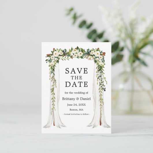 Bruiloft Bladerdak Arch Waterverf Groene Bloemen Aankondigingskaart (Staand voorkant)