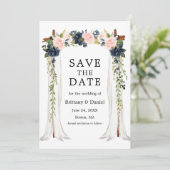 Bruiloft Bladerdak Foto Roze Stoffig Blauw Bloemen Save The Date (Staand voorkant)