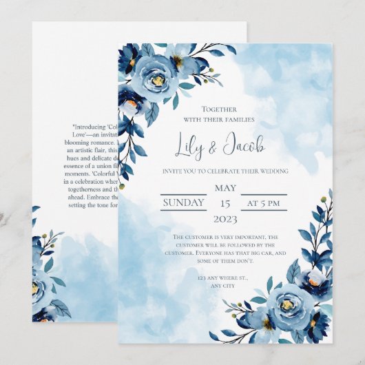 Bruiloft Blauw Bloem Boeket Waterverf Kaart (Voorkant / Achterkant)