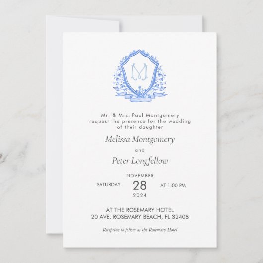 Bruiloft Blauw Bloemen Kam Calligrafie Monogram Kaart (Voorkant)