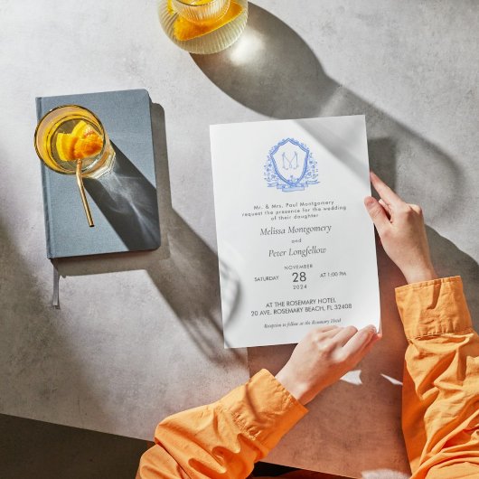 Bruiloft Blauw Bloemen Kam Calligrafie Monogram Kaart