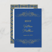 Bruiloft Blauw en goud bloeien Damast RSVP Kaart (Voorkant / Achterkant)
