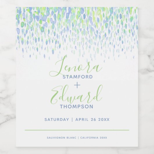 Bruiloft blauw groen douchen cascade moderne kunst wijn etiket (Enkel label)
