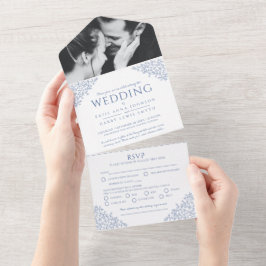 Bruiloft blauw wit blad foto maaltijd RSVP All In One Uitnodiging