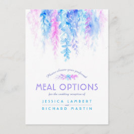 Bruiloft blauwe bloem cascade maaltijd opties kaar informatiekaartje