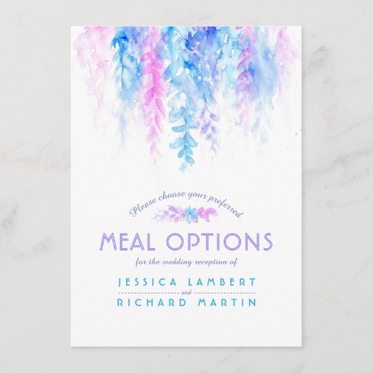 Bruiloft blauwe bloem cascade maaltijd opties kaar informatiekaartje (Voorkant)