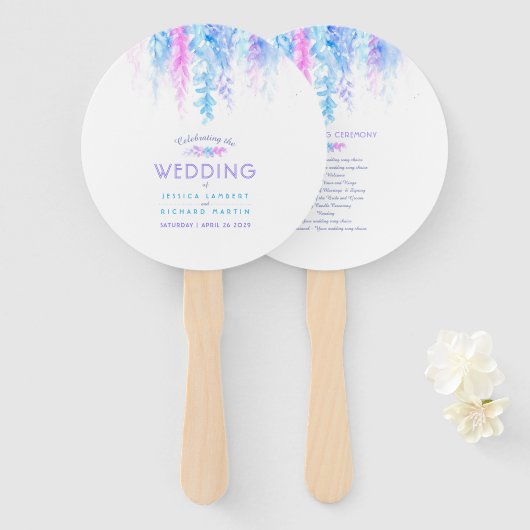 Bruiloft blauwe bloem cascade programma fans handwaaier (Voorkant en achterkant)