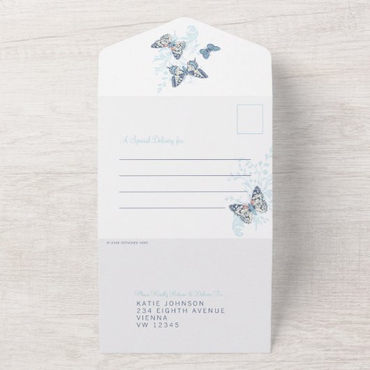 Bruiloft blauwe crème vlinders wervelt maaltijd RS All In One Uitnodiging (Buitenkant)
