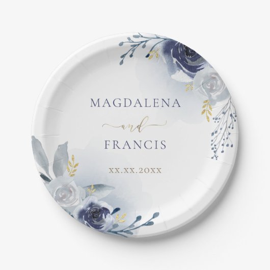 bruiloft blauwe rozen papieren bordje (Voorkant)