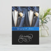 Bruiloft Blauwe Tuxedos Witte Rozen Kaart (Staand voorkant)