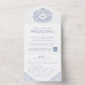 Bruiloft blauwe witte cirkel van bladeren QR All In One Uitnodiging (Binnen)