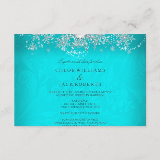 Bruiloft Blauwgroen Crystal Pearl Sneeuwvlok Zilve RSVP Kaartje (Voorkant)