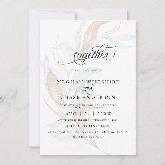 BRUILOFT | Blauwgroen Waterverf van Bleek koraal Kaart (Voorkant)