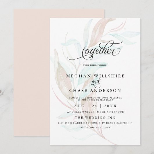 BRUILOFT | Blauwgroen Waterverf van Bleek koraal Kaart (Voorkant / Achterkant)