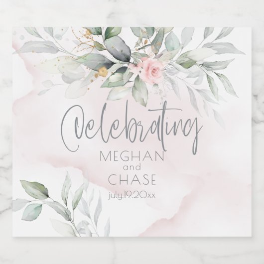 Bruiloft | Bleke groene olievlek Blush roze rozen Likeurfles Etiket (Enkel label)