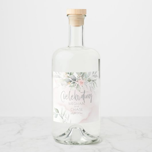 Bruiloft | Bleke groene olievlek Blush roze rozen Likeurfles Etiket (Voorkant)