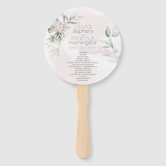Bruiloft | Bleke roze bloemen Zilveren Sage Leaves Handwaaier (Voorkant)