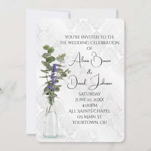 Bruiloft Bloemen Boeket op Damask Kaart (Voorkant)