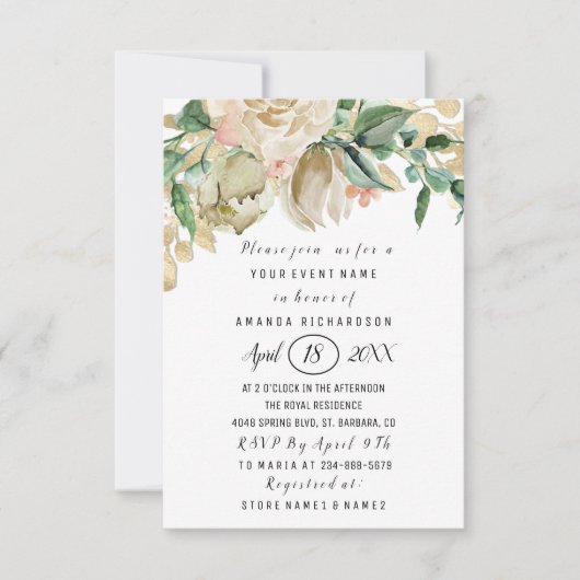 Bruiloft bloemen brunch groene glitters wit kaart (Voorkant)