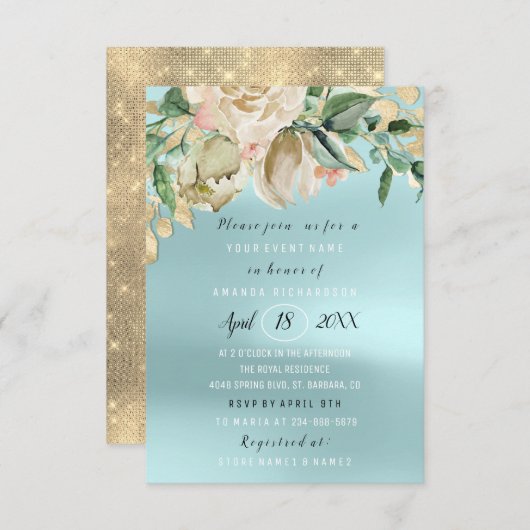 Bruiloft bloemen brunch Spark Goud Blauw Kaart (Voorkant / Achterkant)