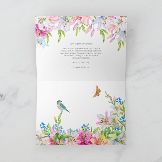 Bruiloft. Bloemen lelies en vogels Bedankkaart (Binnen)