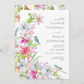 Bruiloft. Bloemen lelies en vogels Uitnodiging (Voorkant / Achterkant)