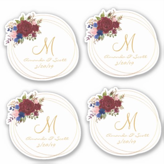 Bruiloft Bloemen Monogram Bourgondië Navy Goud Lij Sticker (Voorkant)