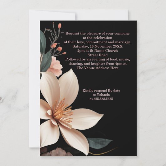 Bruiloft  Bloemen Perzik roze bloemen zwart Kaart (Achterkant)