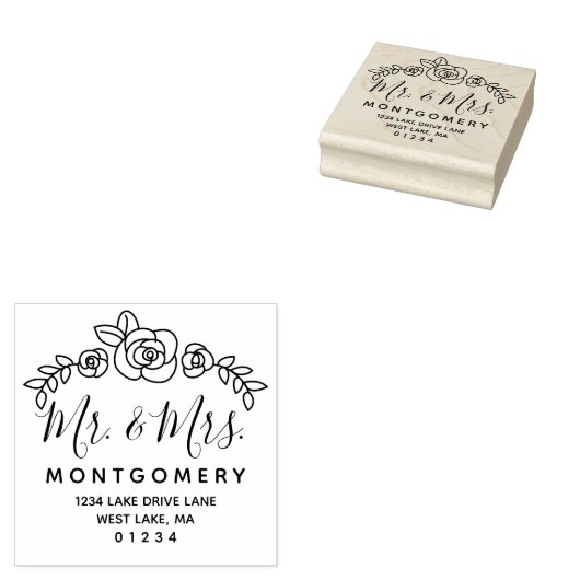 Bruiloft Bloemen Rozen Mr & Mrs Retouradres Rubberstempel (Gestempeld)