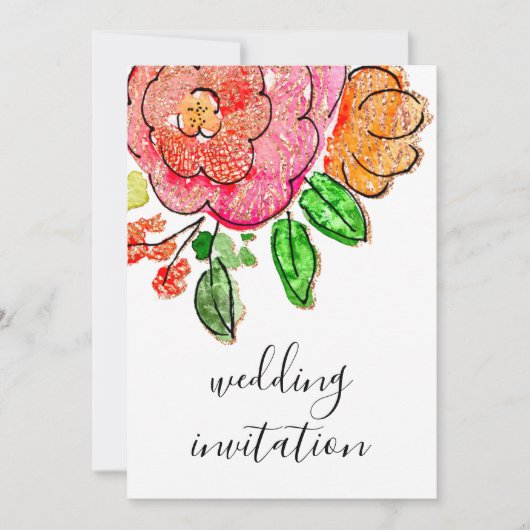 Bruiloft Bloemen Waterverf Sinaasappel Roos Glitte Kaart (Voorkant)