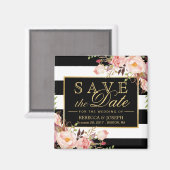 Bruiloft Bloemen Zwart Wit Strepen Save the Date Magneet (Voorkant / Achterkant)