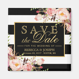 Bruiloft Bloemen Zwart Wit Strepen Save the Date Magneet
