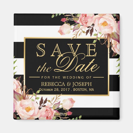 Bruiloft Bloemen Zwart Wit Strepen Save the Date Magneet (Voorkant)