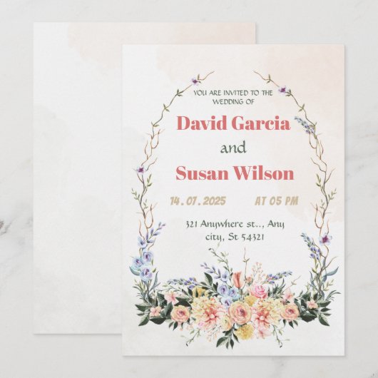 Bruiloft bloemenboog roze, paarse, gele waterverf kaart (Voorkant / Achterkant)