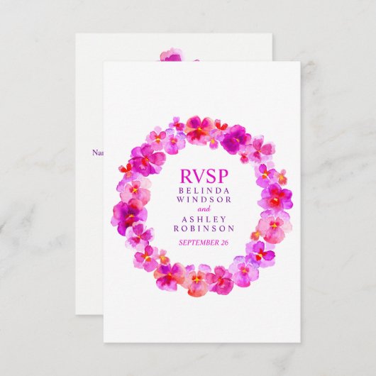 Bruiloft bloemenkrans panty roze RSVP kaartje (Voorkant / Achterkant)