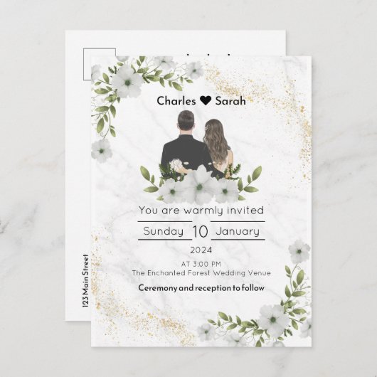 Bruiloft Blooms Uitnodiging: Een bloemenkiesverhaa Uitnodiging Briefkaart (Voorkant / Achterkant)