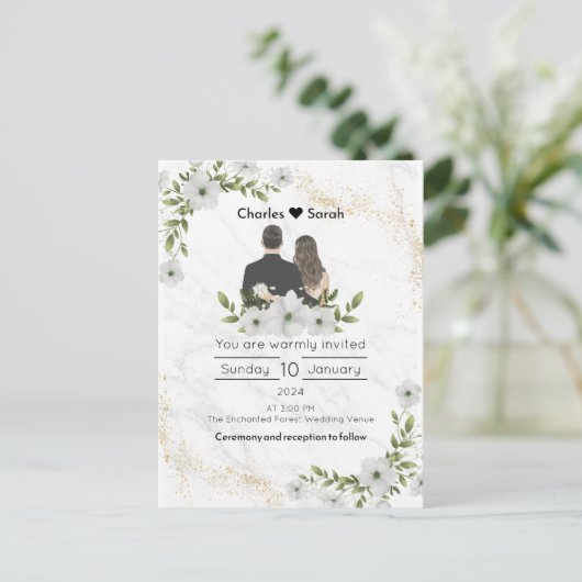 Bruiloft Blooms Uitnodiging: Een bloemenkiesverhaa Uitnodiging Briefkaart (Staand voorkant)