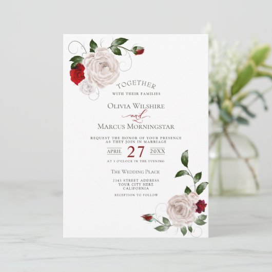 Bruiloft | Blush Dusty Roos en Cabernet Floral Kaart (Staand voorkant)