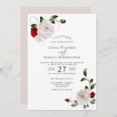 Bruiloft | Blush Dusty Roos en Cabernet Floral Kaart (Voorkant / Achterkant)