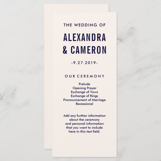 bruiloft | Blush Pink en Navy Text Program Programmakaart (Voorkant / Achterkant)